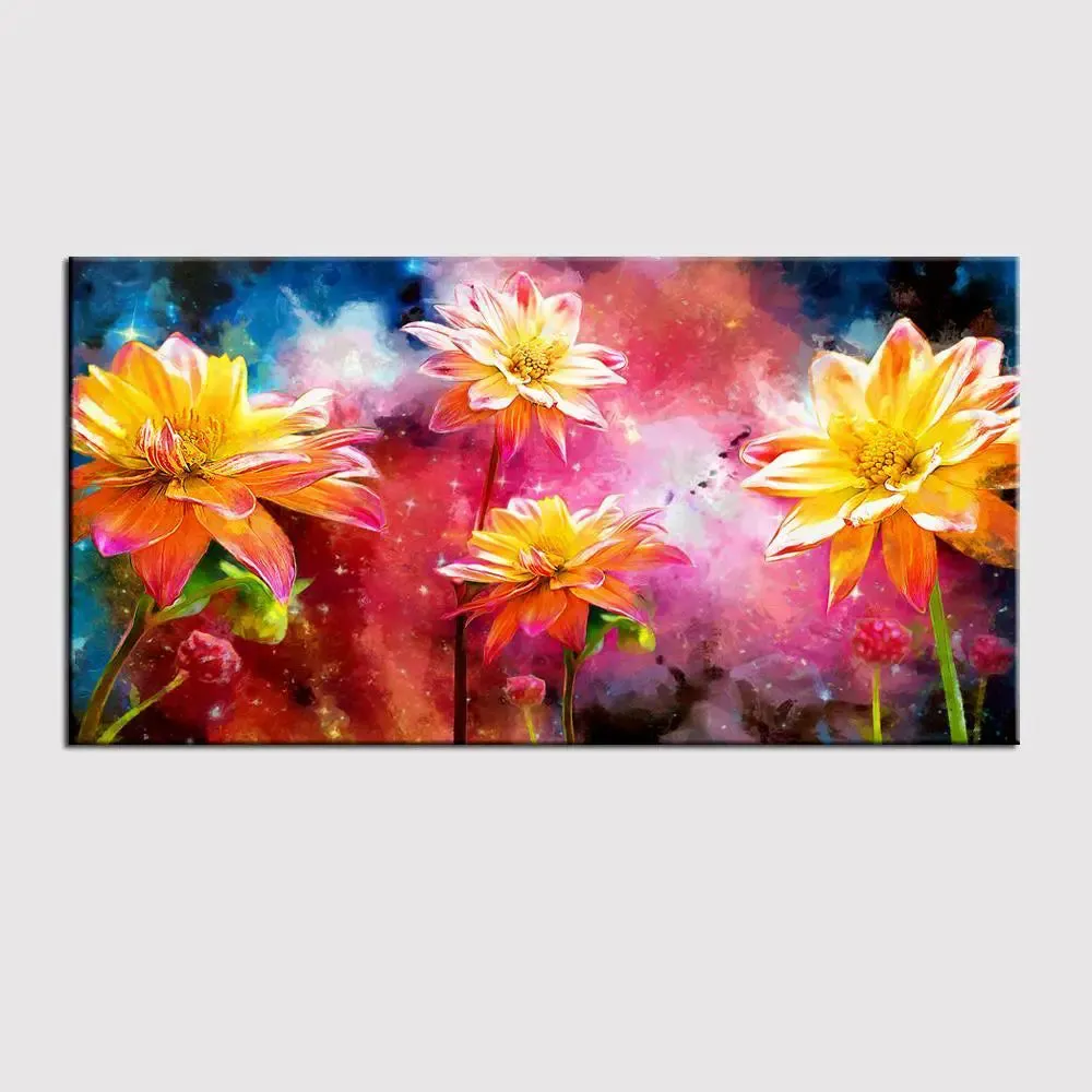 Big Panoramic Beautiful Flowers  Canvas Painting With Frame