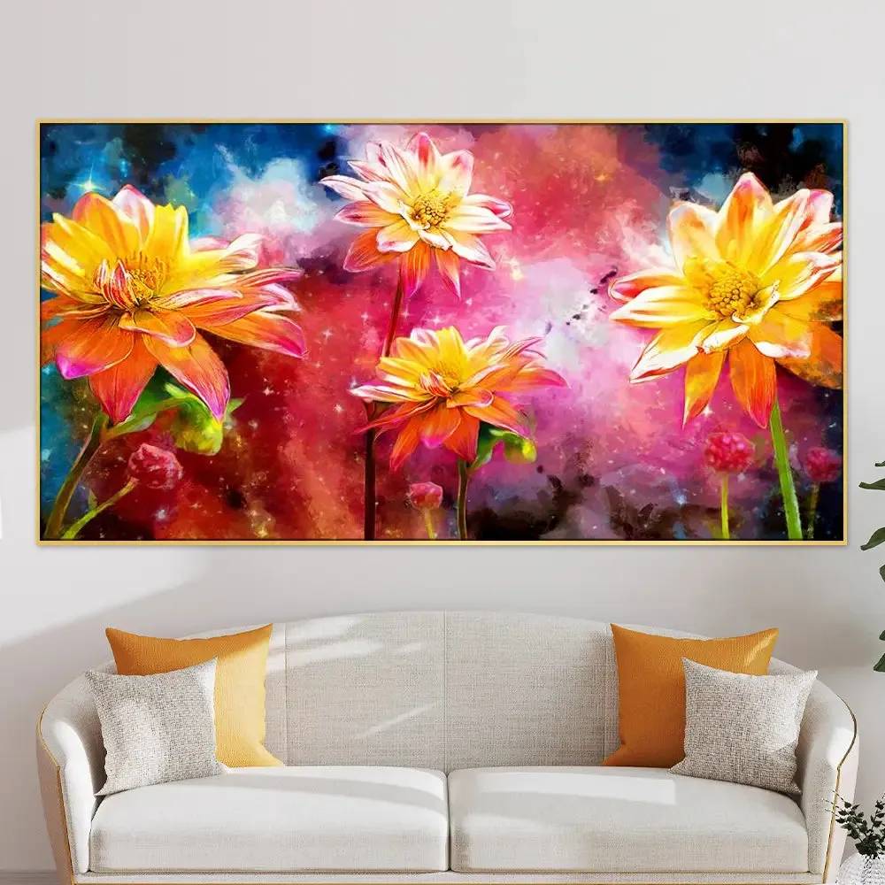 Big Panoramic Beautiful Flowers  Canvas Painting With Frame