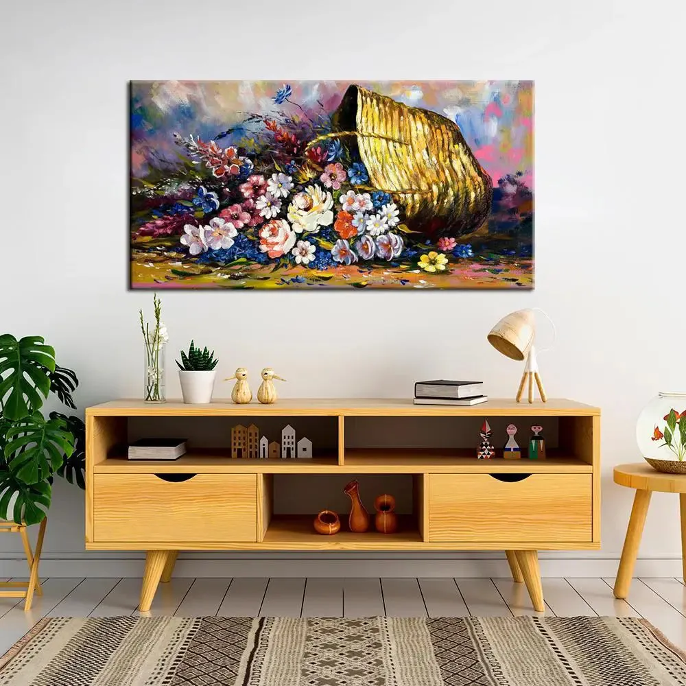Big Panoramic Beautiful Flowers in Baskets Canvas Painting With Frame