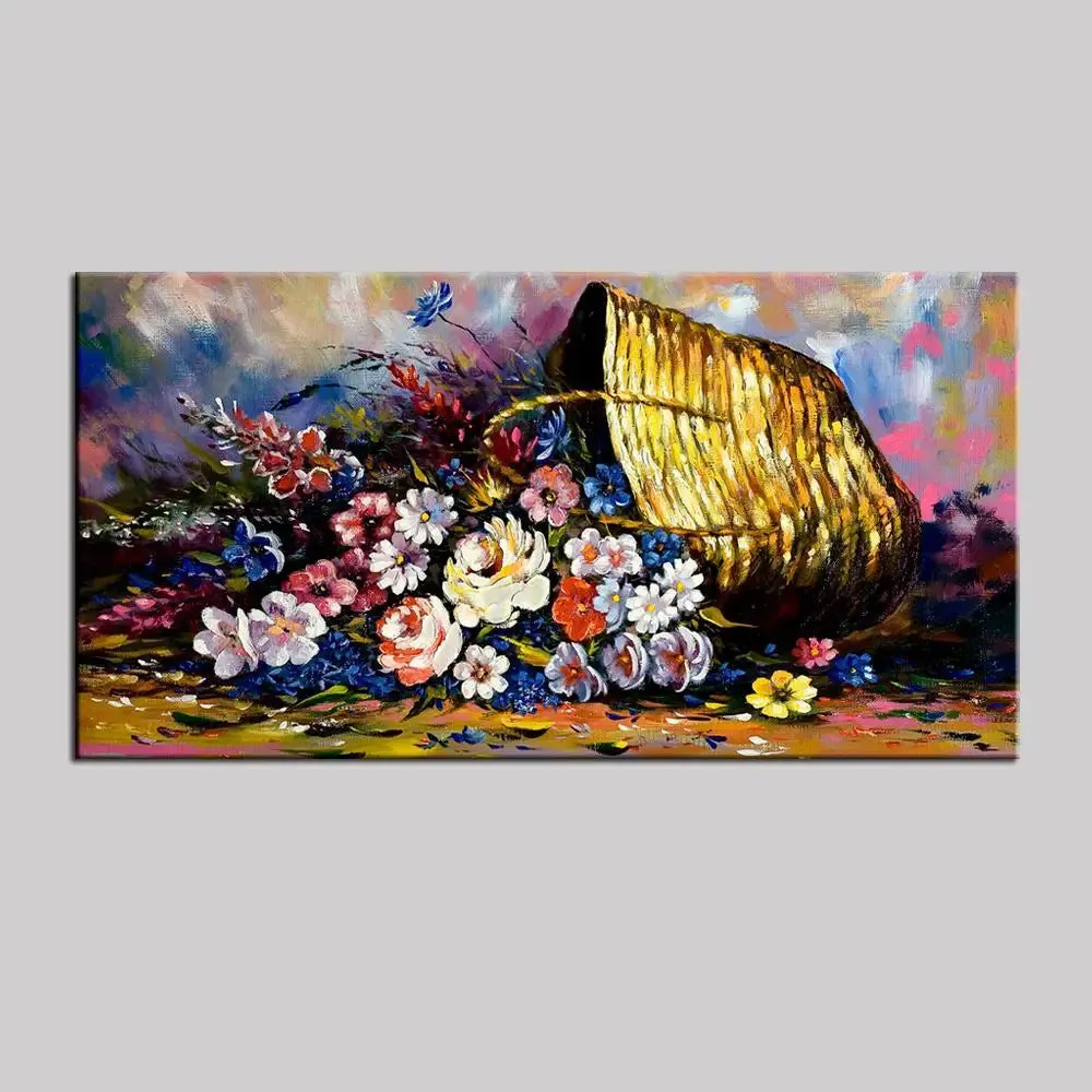 Big Panoramic Beautiful Flowers in Baskets Canvas Painting With Frame
