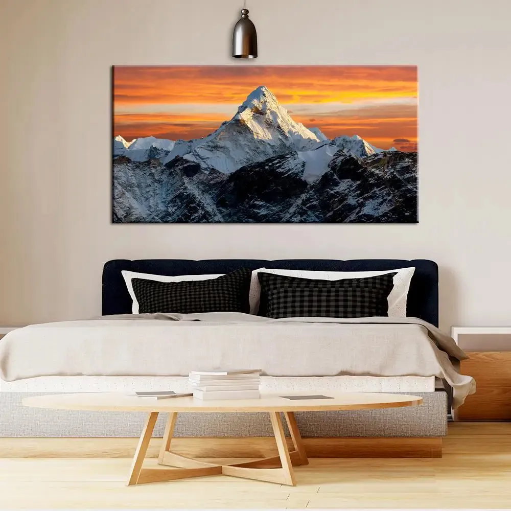 Big Panoramic Beautiful Mt. Everest in winter at sunset Canvas Painting With Frame