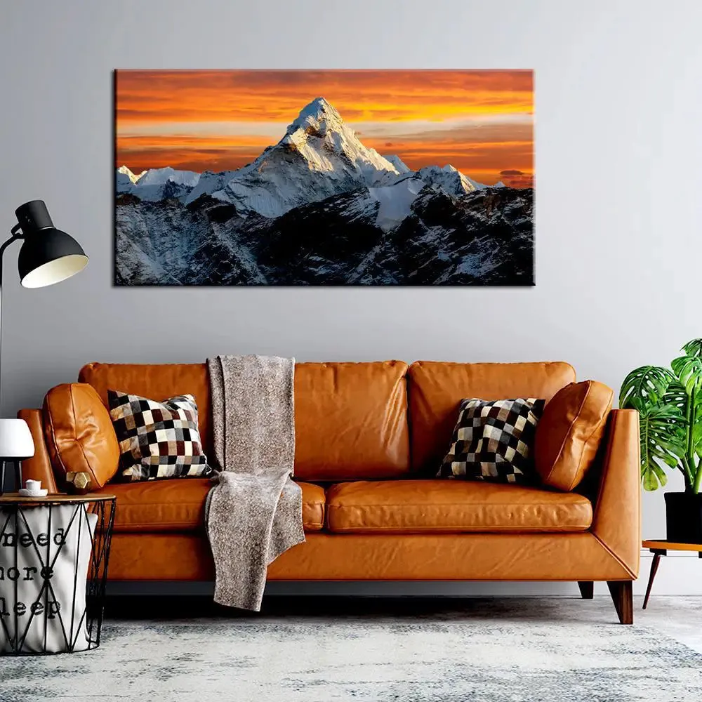 Big Panoramic Beautiful Mt. Everest in winter at sunset Canvas Painting With Frame