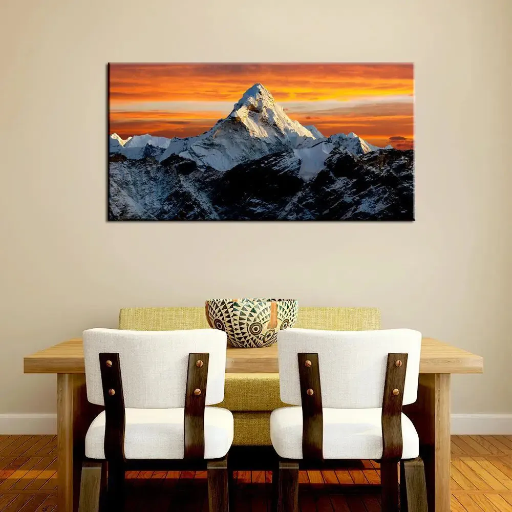 Big Panoramic Beautiful Mt. Everest in winter at sunset Canvas Painting With Frame
