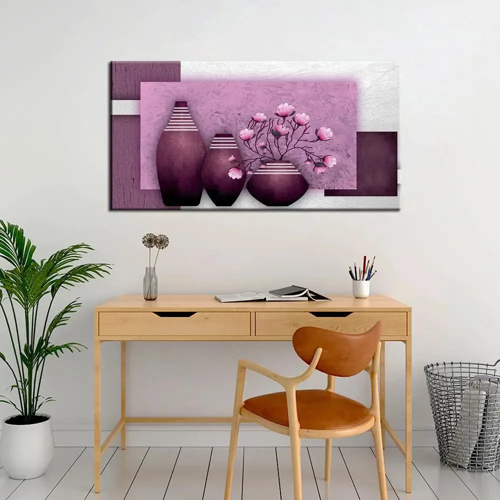 Big Panoramic Beautiful Purple Flowers Vase Canvas Painting With Frame