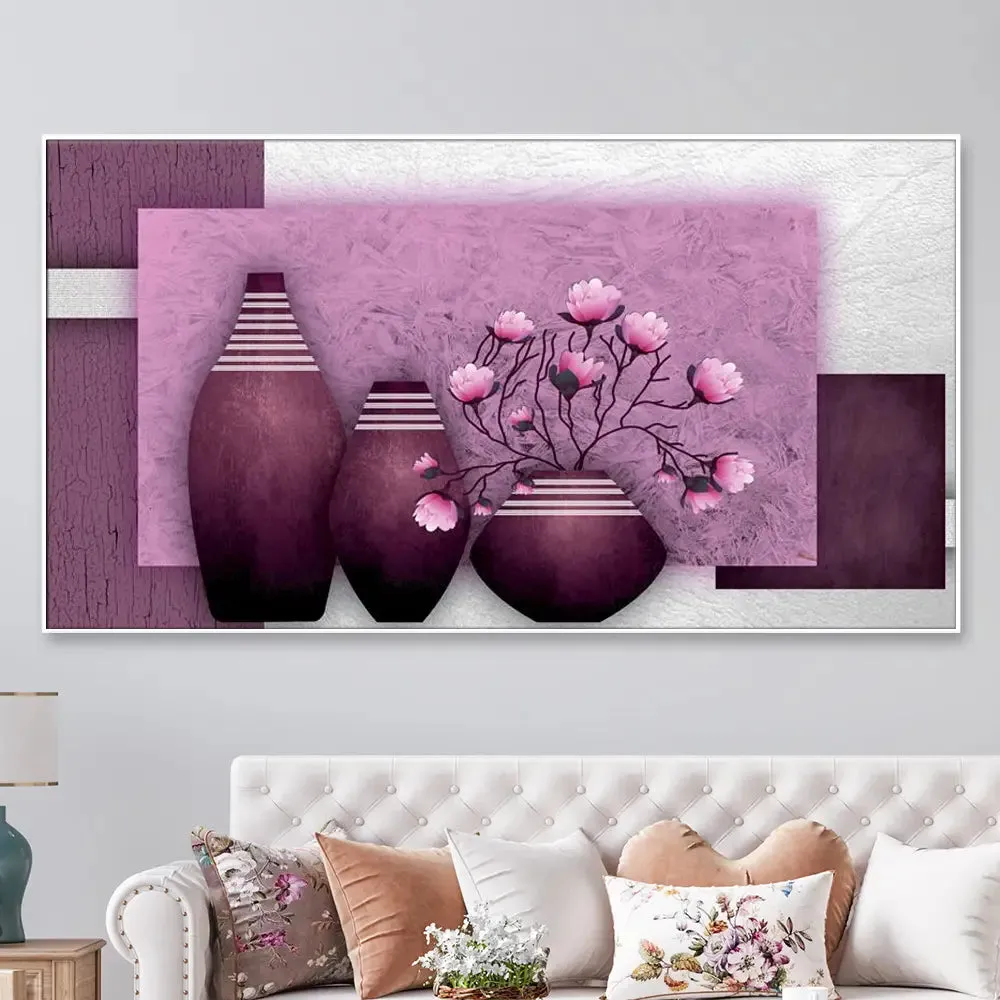 Big Panoramic Beautiful Purple Flowers Vase Canvas Painting With Frame