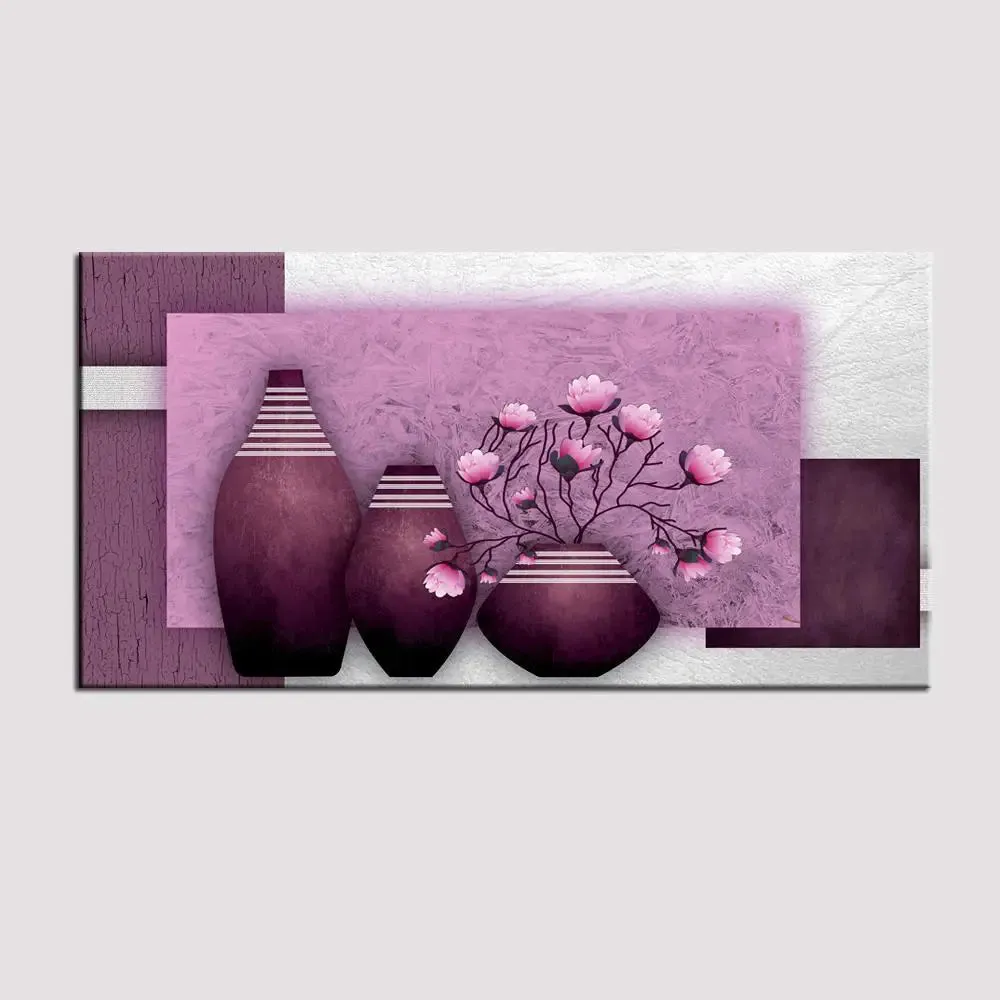 Big Panoramic Beautiful Purple Flowers Vase Canvas Painting With Frame