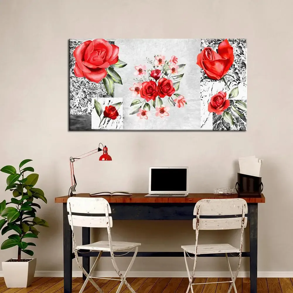 Big Panoramic Beautiful Red Roses Flower Canvas Painting With Frame