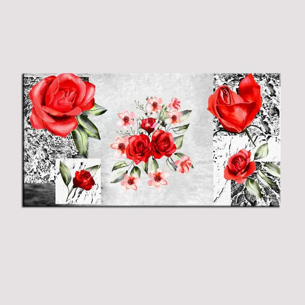 Big Panoramic Beautiful Red Roses Flower Canvas Painting With Frame