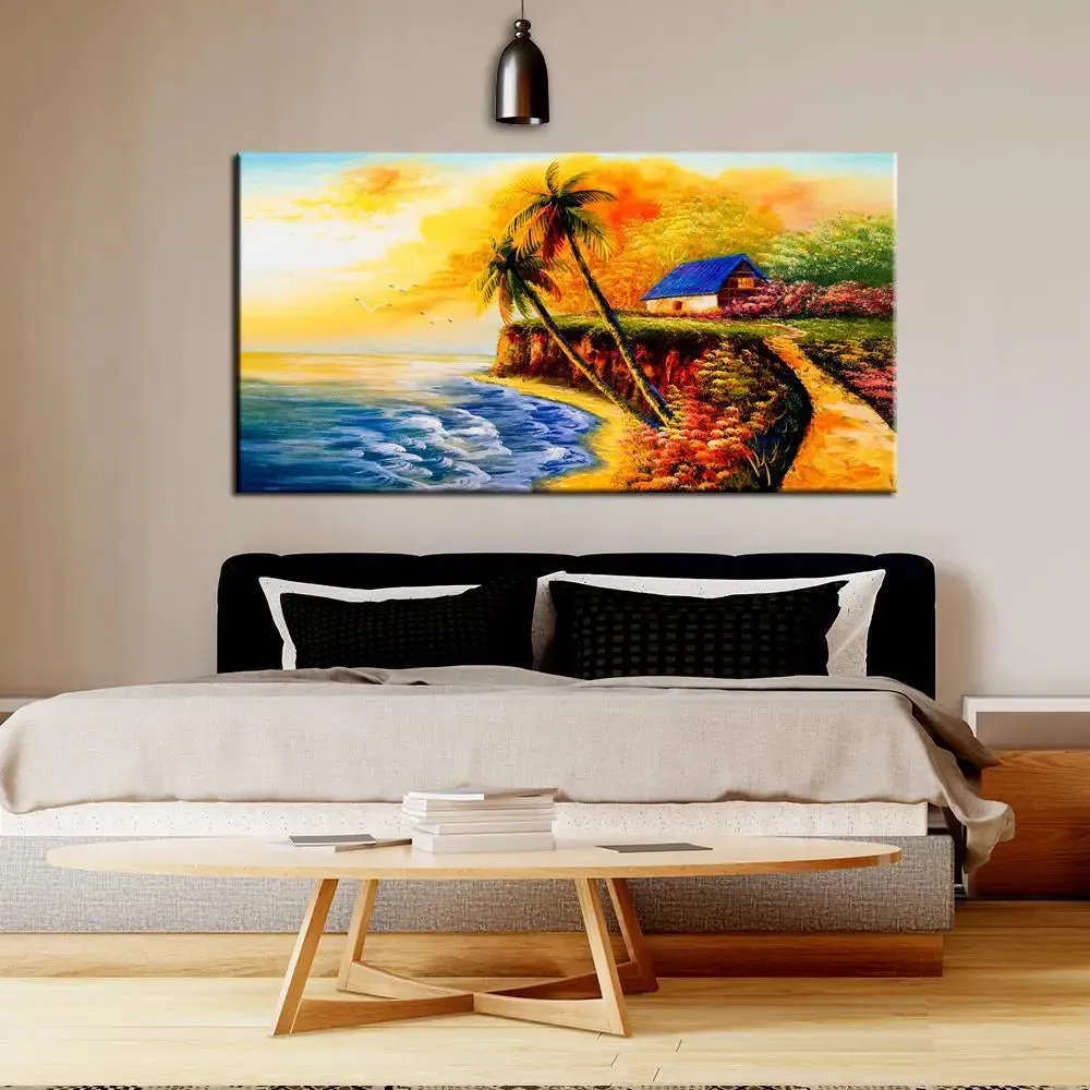 Big Panoramic Beautiful Riverside Scenery Canvas Painting With Frame