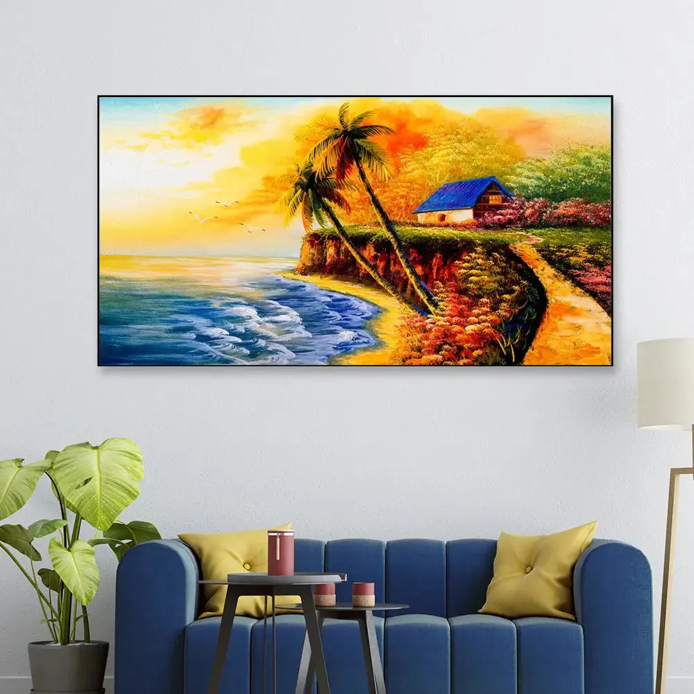 Big Panoramic Beautiful Riverside Scenery Canvas Painting With Frame