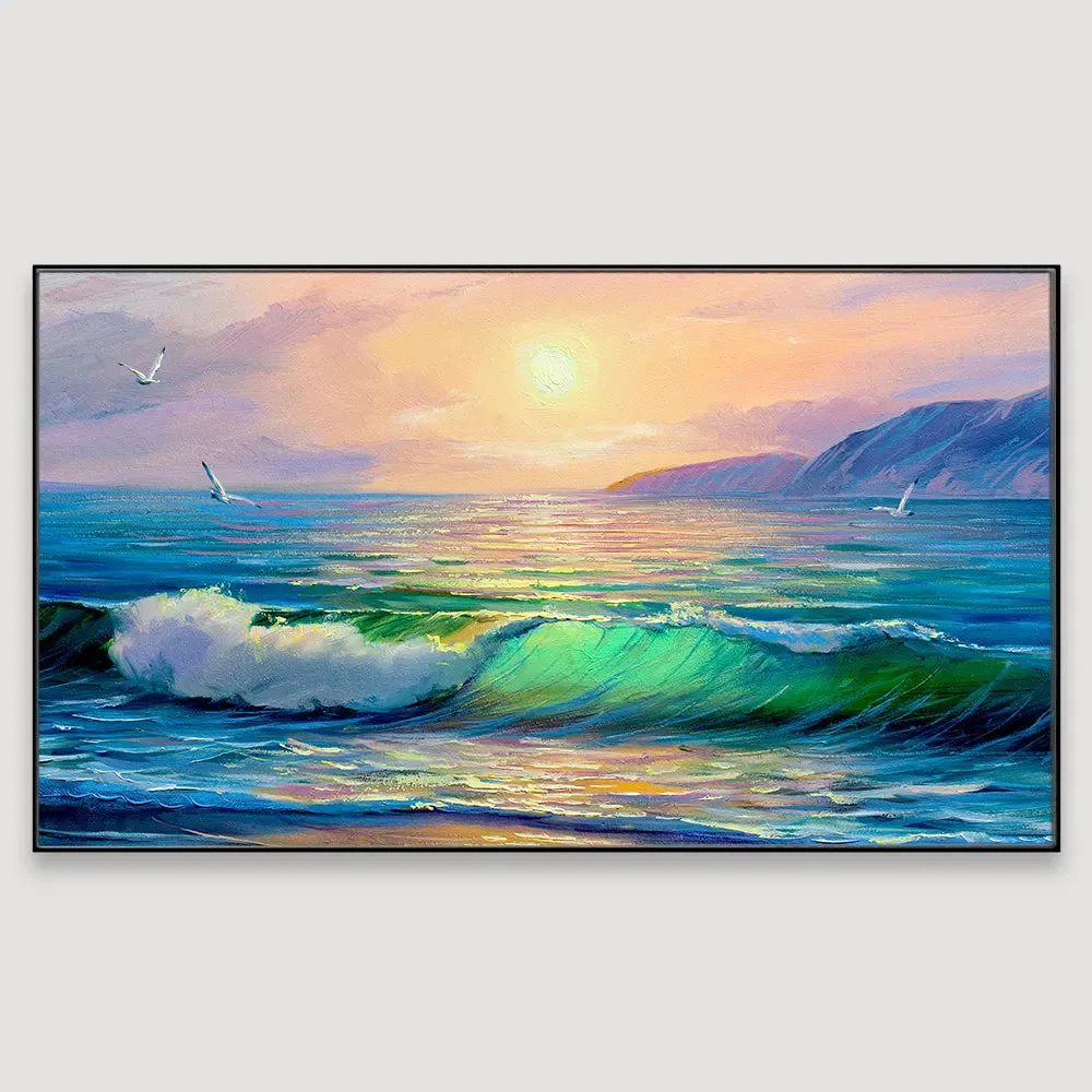 Big Panoramic Beautiful Sea Sunset  Scenery Canvas Painting With Frame