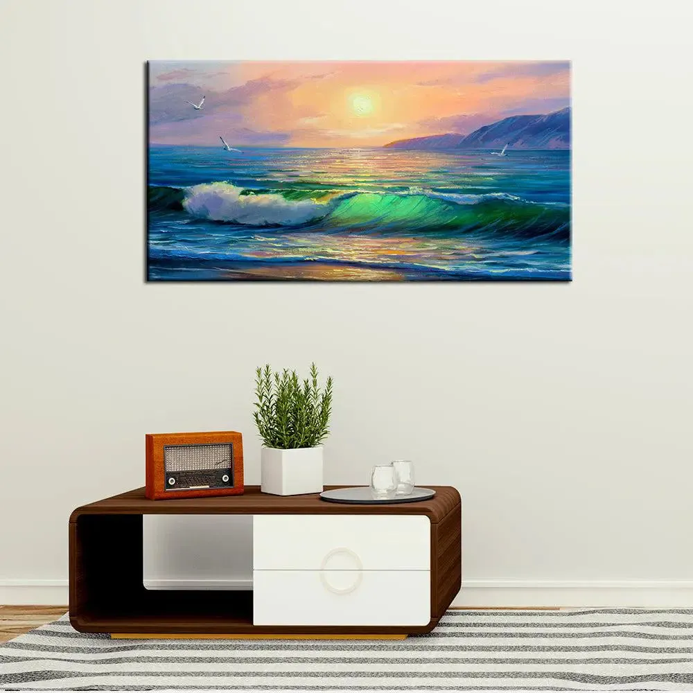 Big Panoramic Beautiful Sea Sunset  Scenery Canvas Painting With Frame