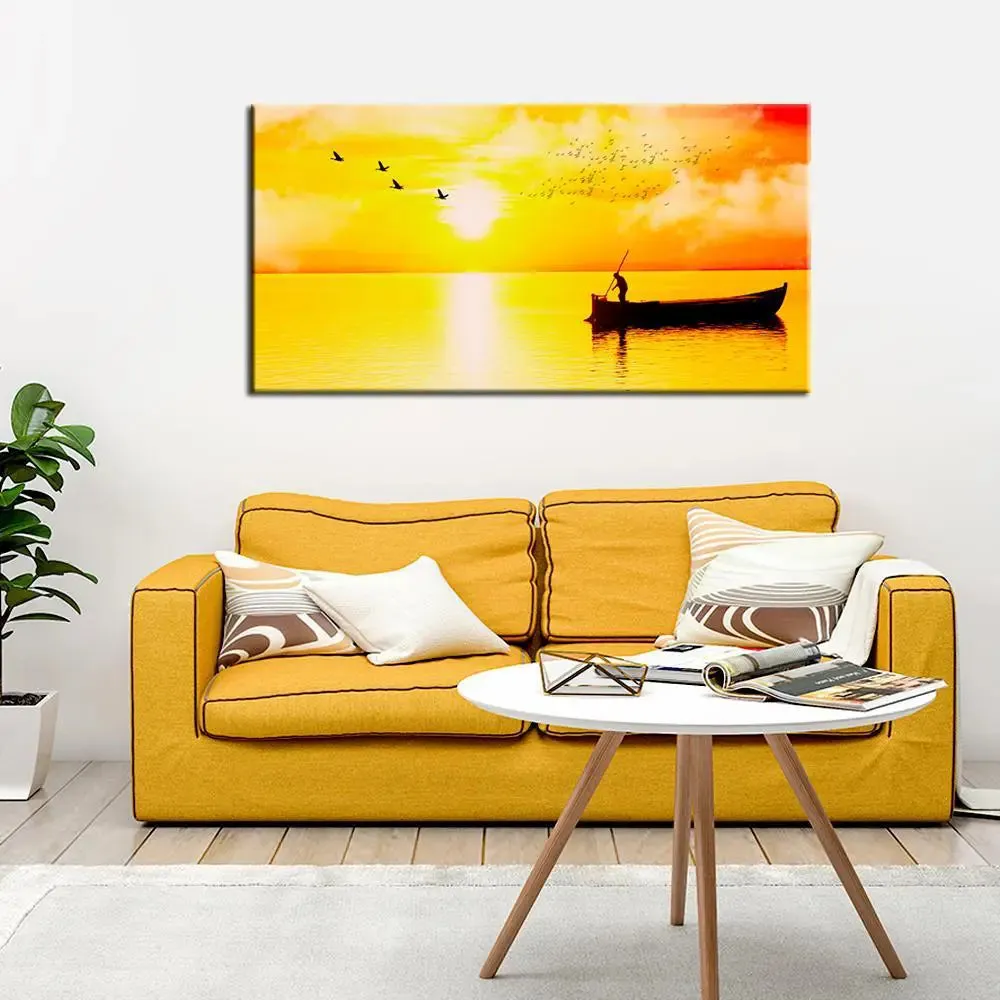 Big Panoramic Beautiful Sunset Boat Rowing Canvas Painting With Frame