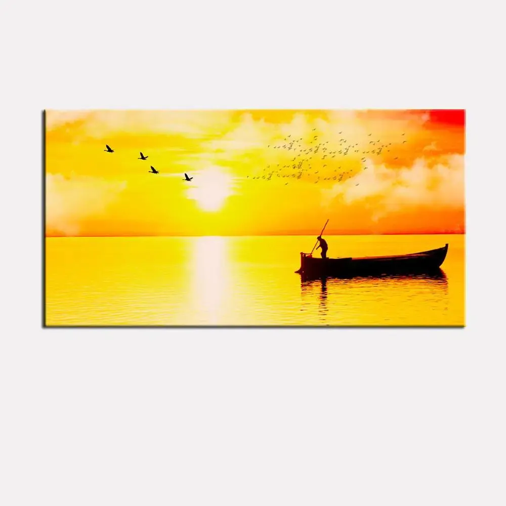 Big Panoramic Beautiful Sunset Boat Rowing Canvas Painting With Frame