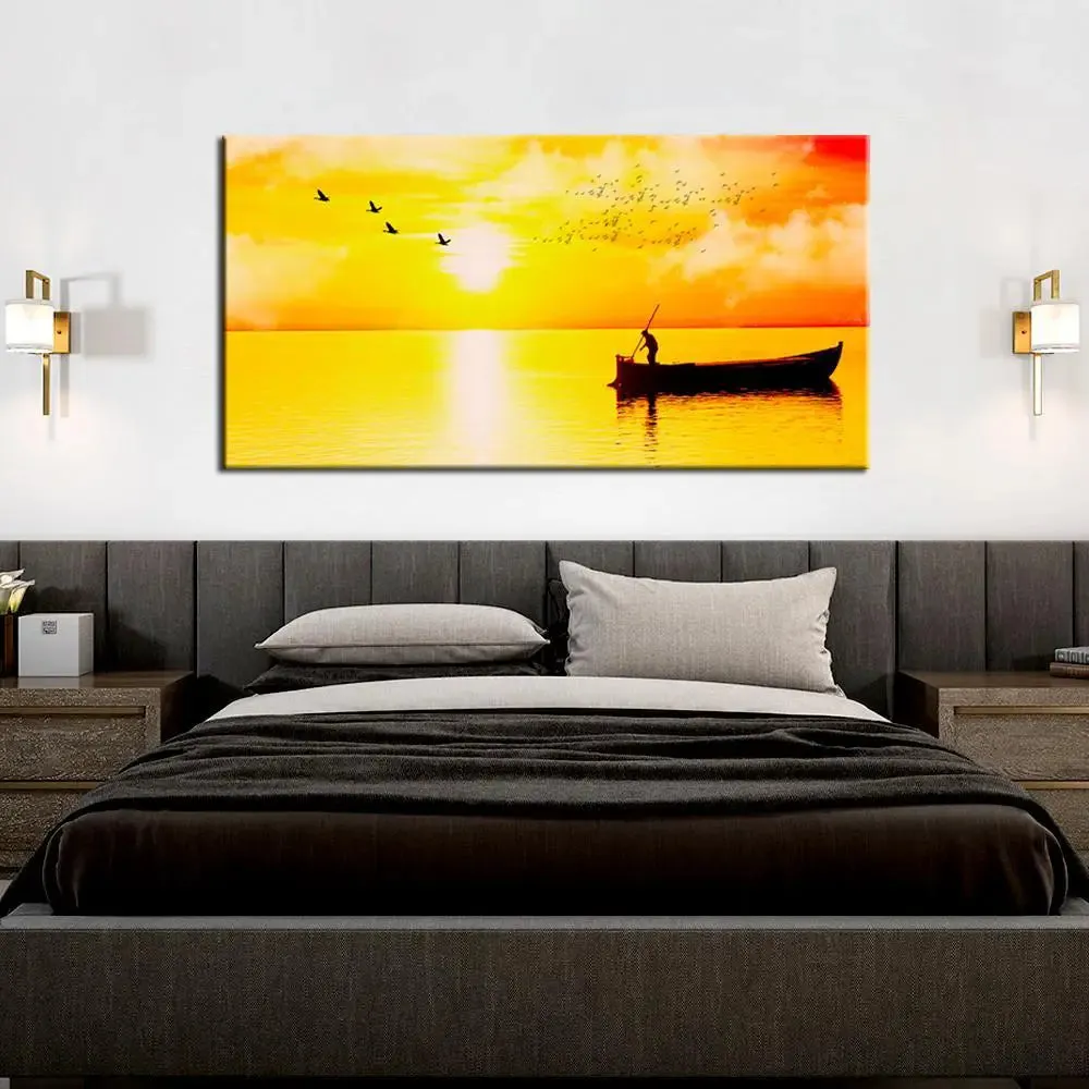 Big Panoramic Beautiful Sunset Boat Rowing Canvas Painting With Frame