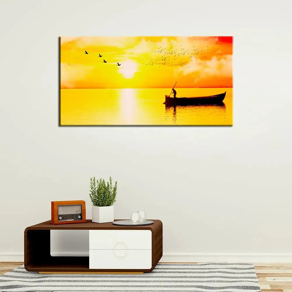 Big Panoramic Beautiful Sunset Boat Rowing Canvas Painting With Frame