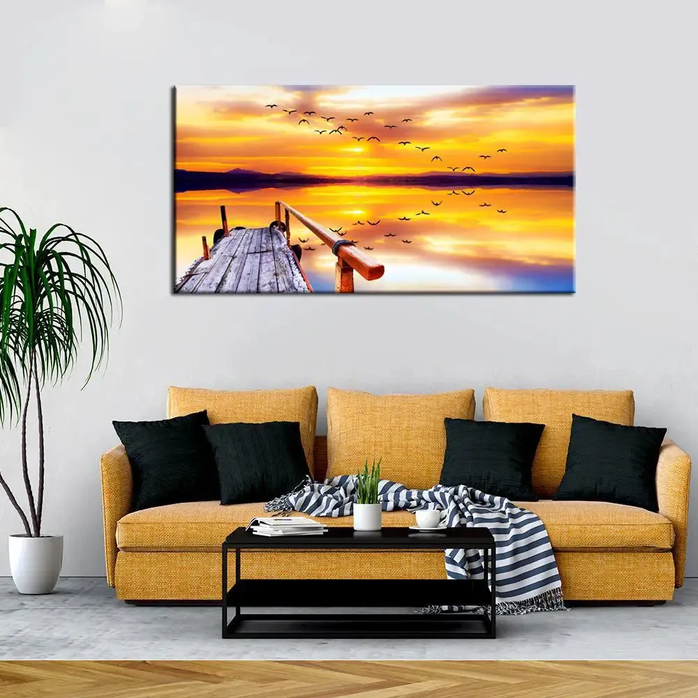 Big Panoramic Beautiful  Sunset with Birds Canvas Painting With Frame