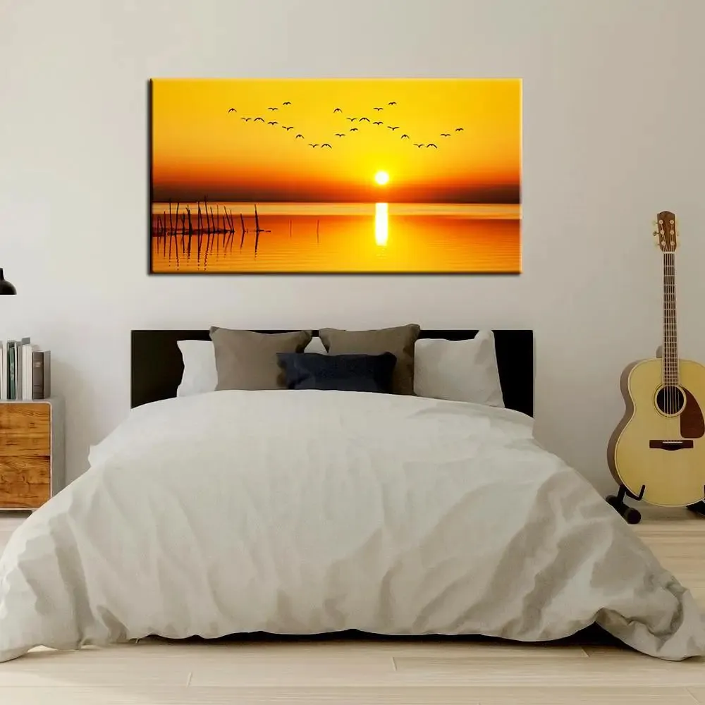 Big Panoramic Beautiful Sunset with Birds Canvas Painting With Frame