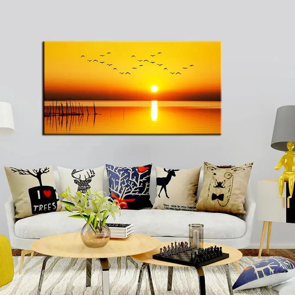 Big Panoramic Beautiful Sunset with Birds Canvas Painting With Frame