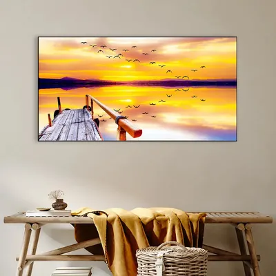 Big Panoramic Beautiful  Sunset with Birds Canvas Painting