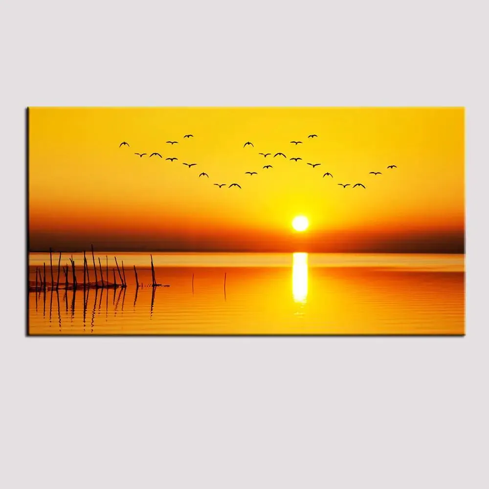 Big Panoramic Beautiful Sunset with Birds Canvas Painting With Frame