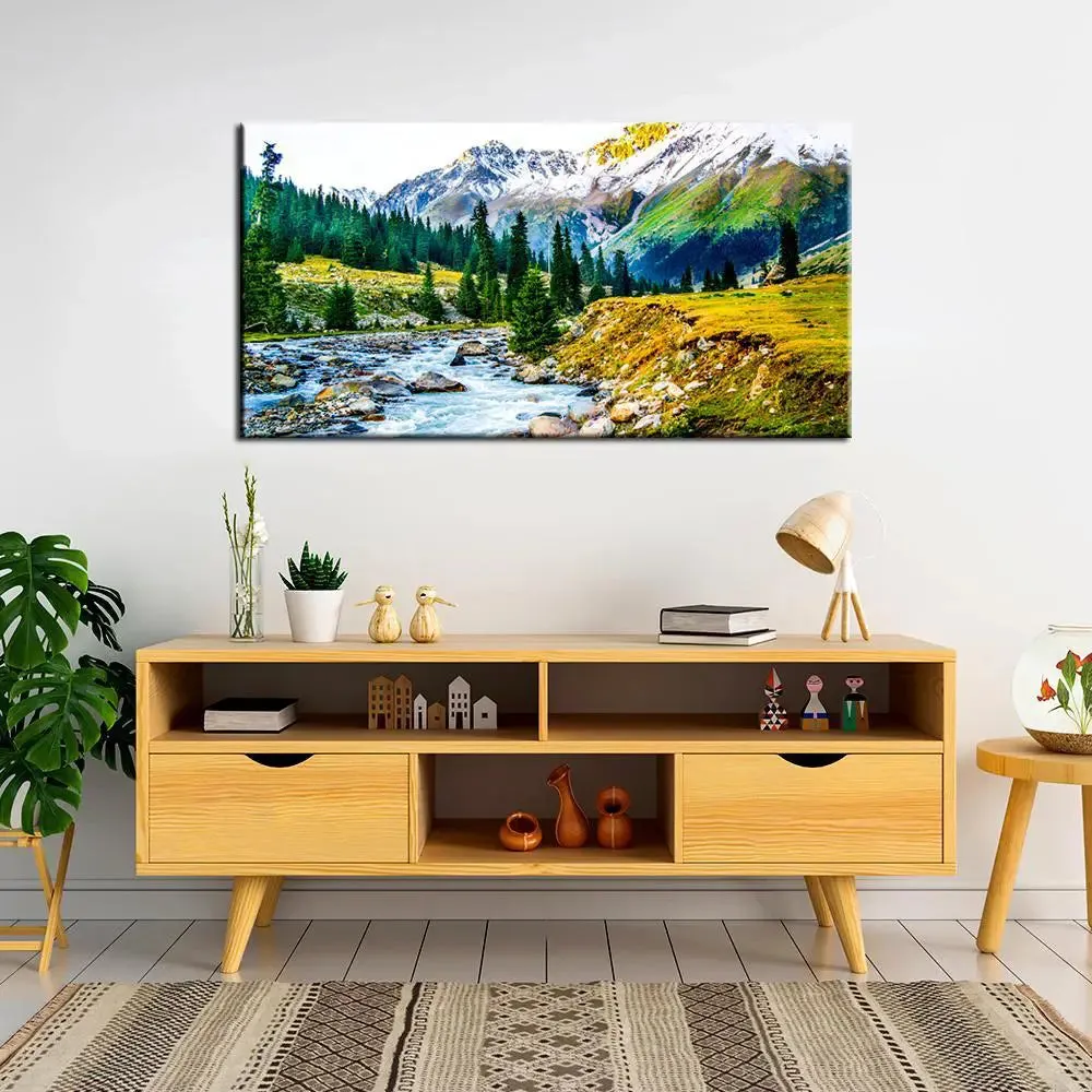 Big Panoramic Beautiful  Valley River Forest Landscape Canvas Painting With Frame