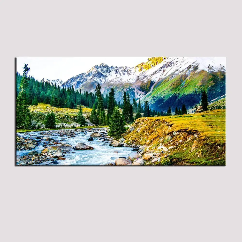 Big Panoramic Beautiful  Valley River Forest Landscape Canvas Painting With Frame