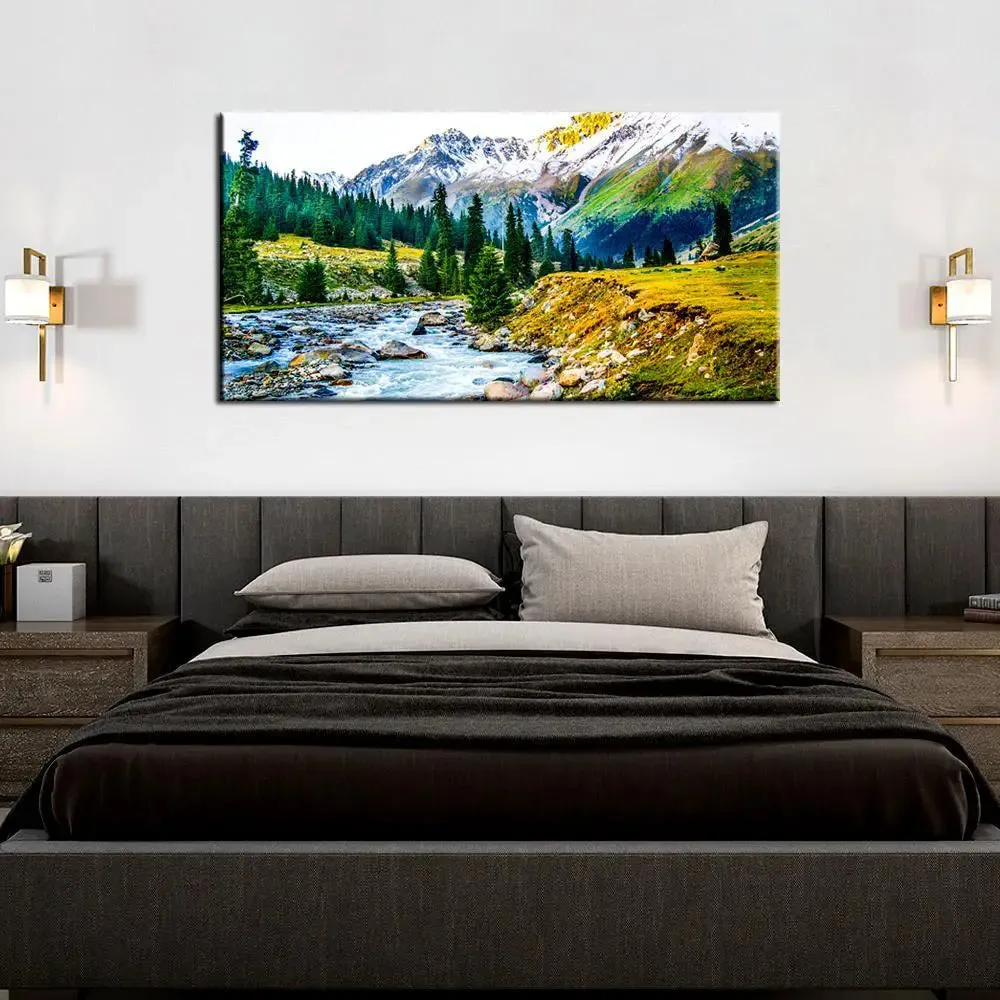 Big Panoramic Beautiful  Valley River Forest Landscape Canvas Painting With Frame