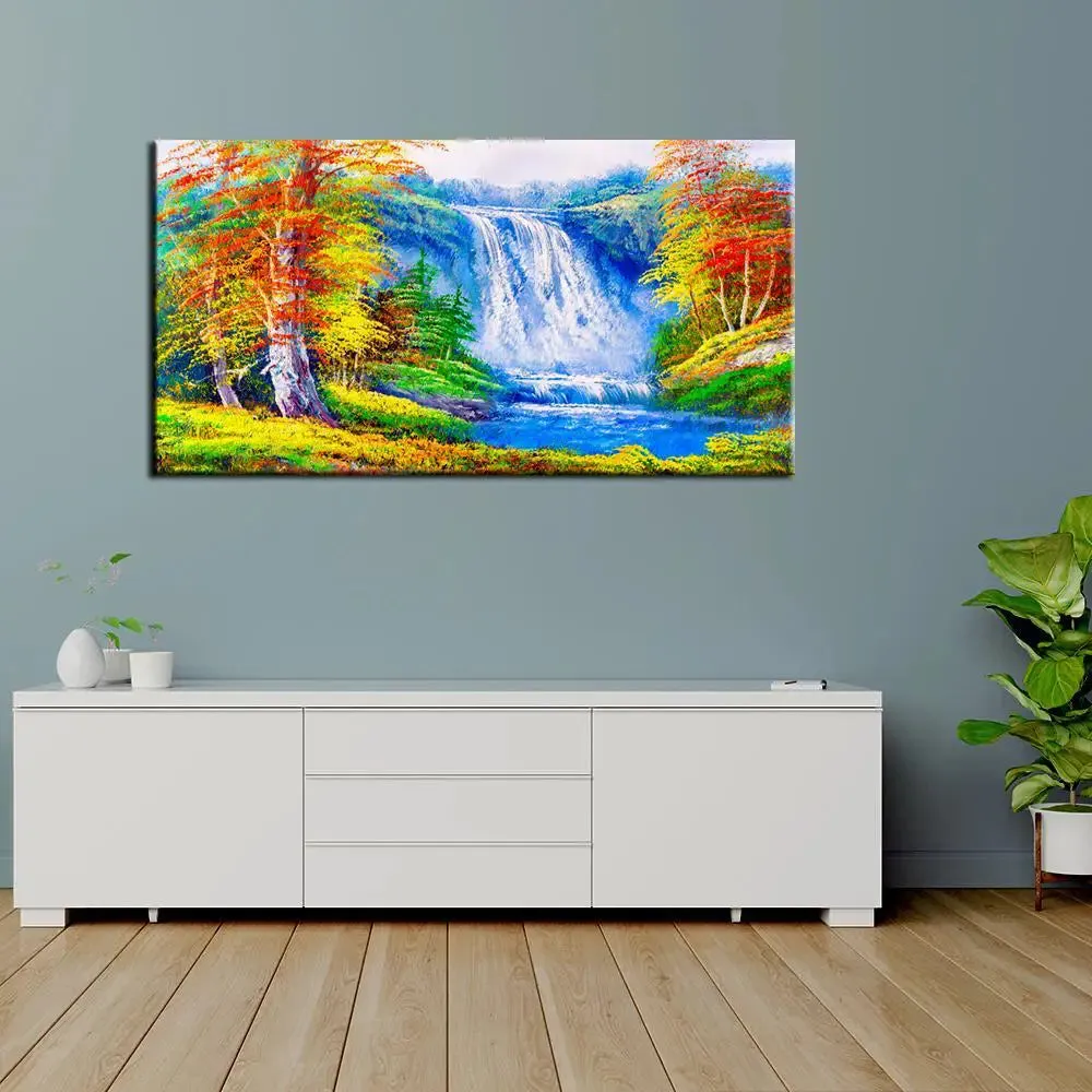 Big Panoramic Beautiful Waterfall Scenery Canvas Painting With Frame