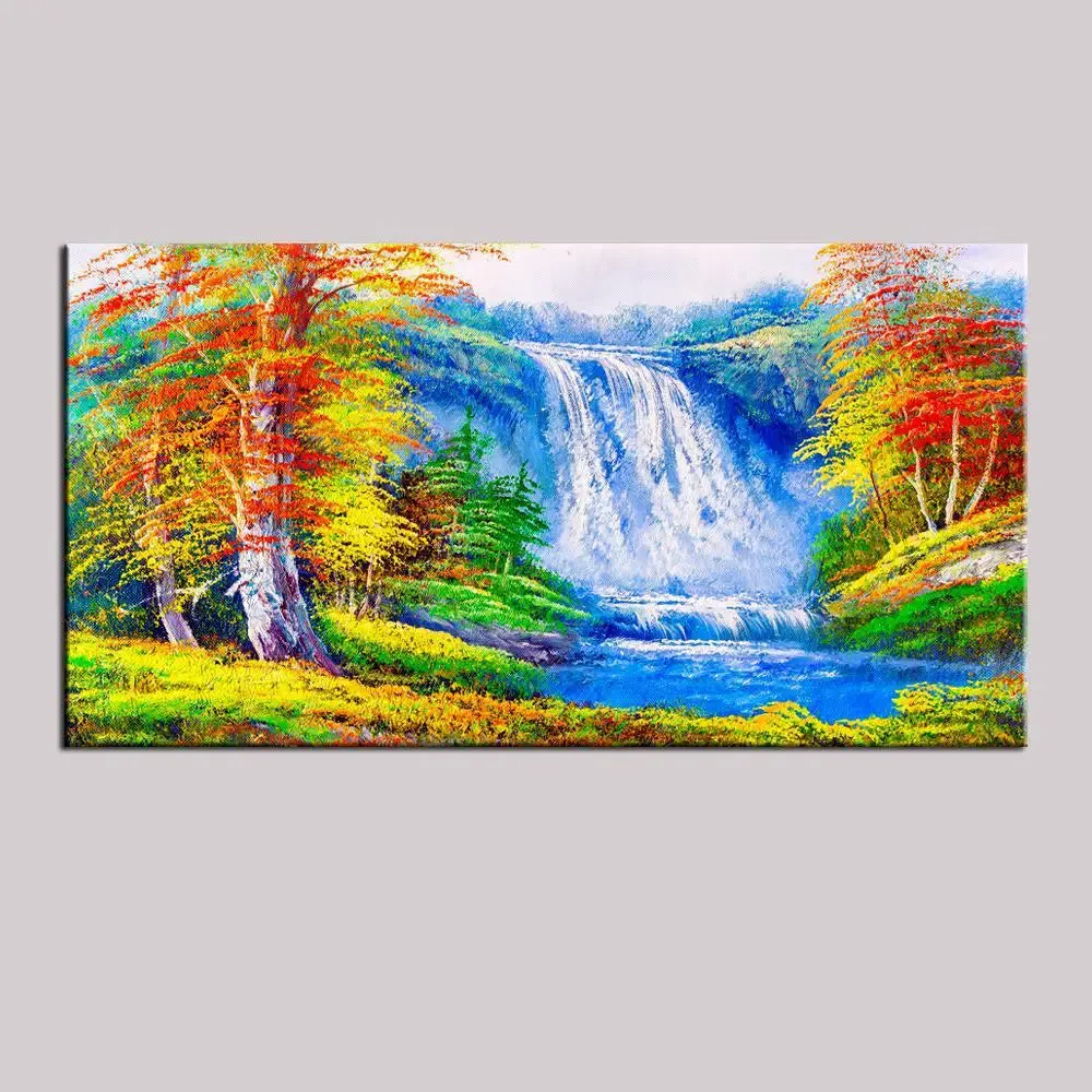 Big Panoramic Beautiful Waterfall Scenery Canvas Painting With Frame