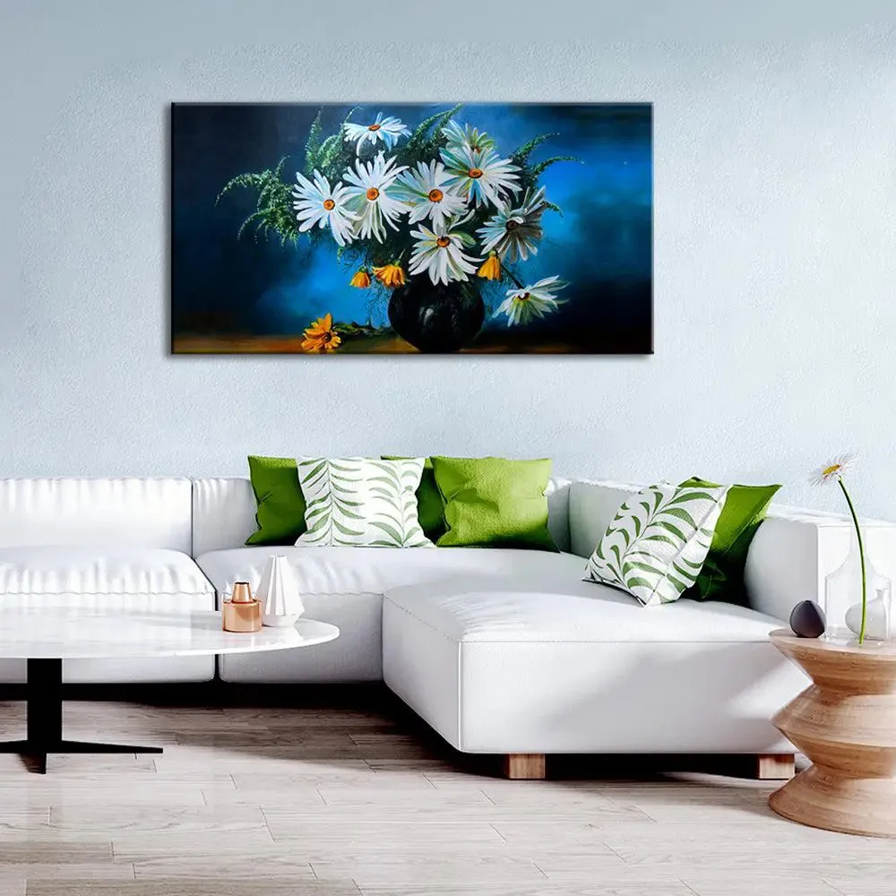 Big Panoramic Beautiful White and Yellow in Vase Canvas Painting With Frame