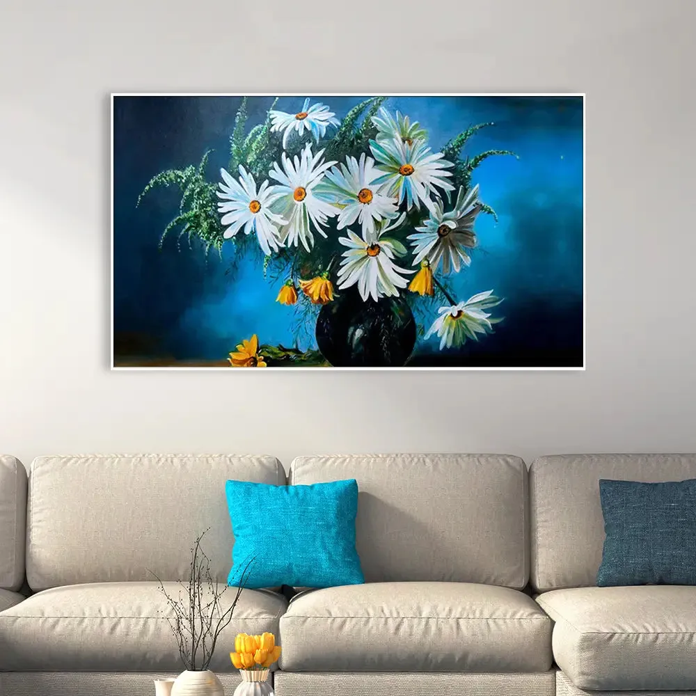 Big Panoramic Beautiful White and Yellow in Vase Canvas Painting With Frame