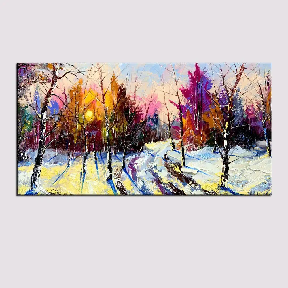 Big Panoramic Beautiful Winter Forest Sunrise Canvas Painting With Frame