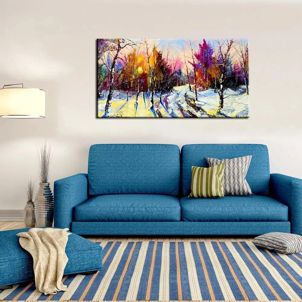 Big Panoramic Beautiful Winter Forest Sunrise Canvas Painting With Frame
