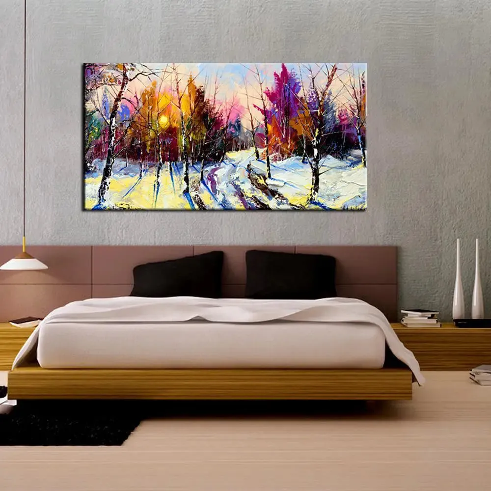 Big Panoramic Beautiful Winter Forest Sunrise Canvas Painting With Frame
