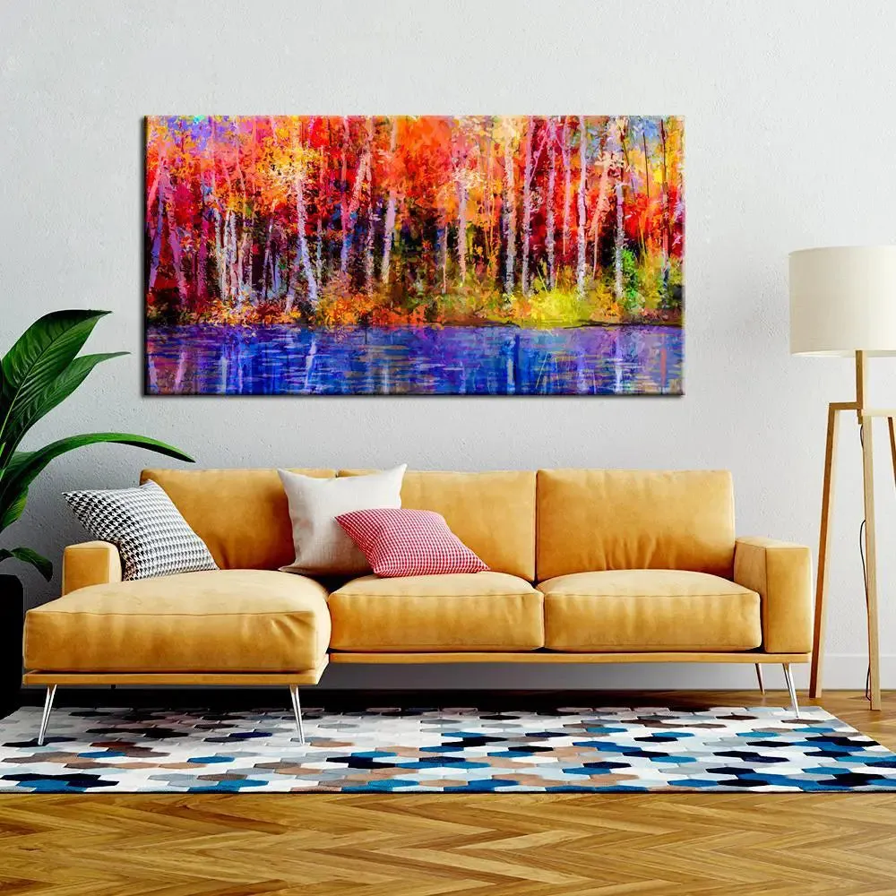 Big Panoramic Landscape Abstract River Scenery Canvas Painting With Frame