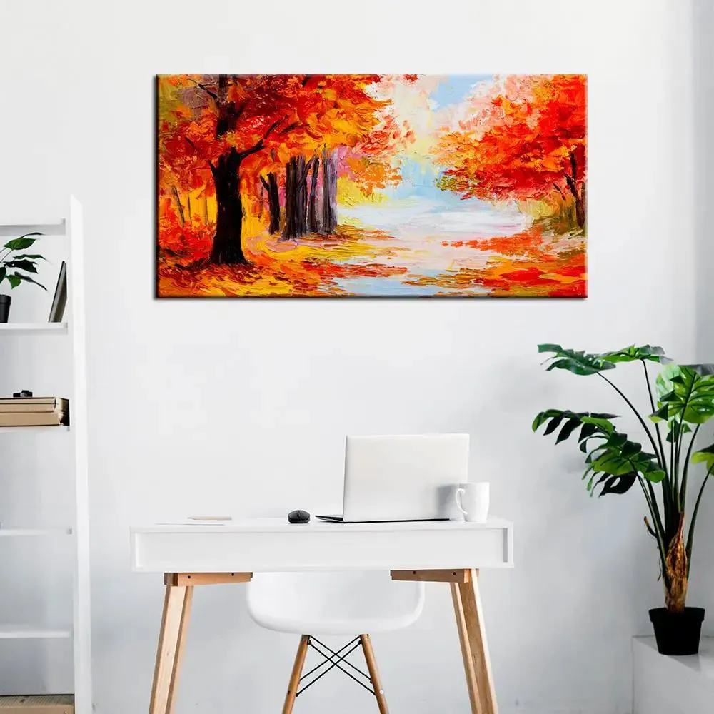 Big Panoramic Landscape Colorful Autumn Forest Abstract Scenery Canvas Painting With Frame