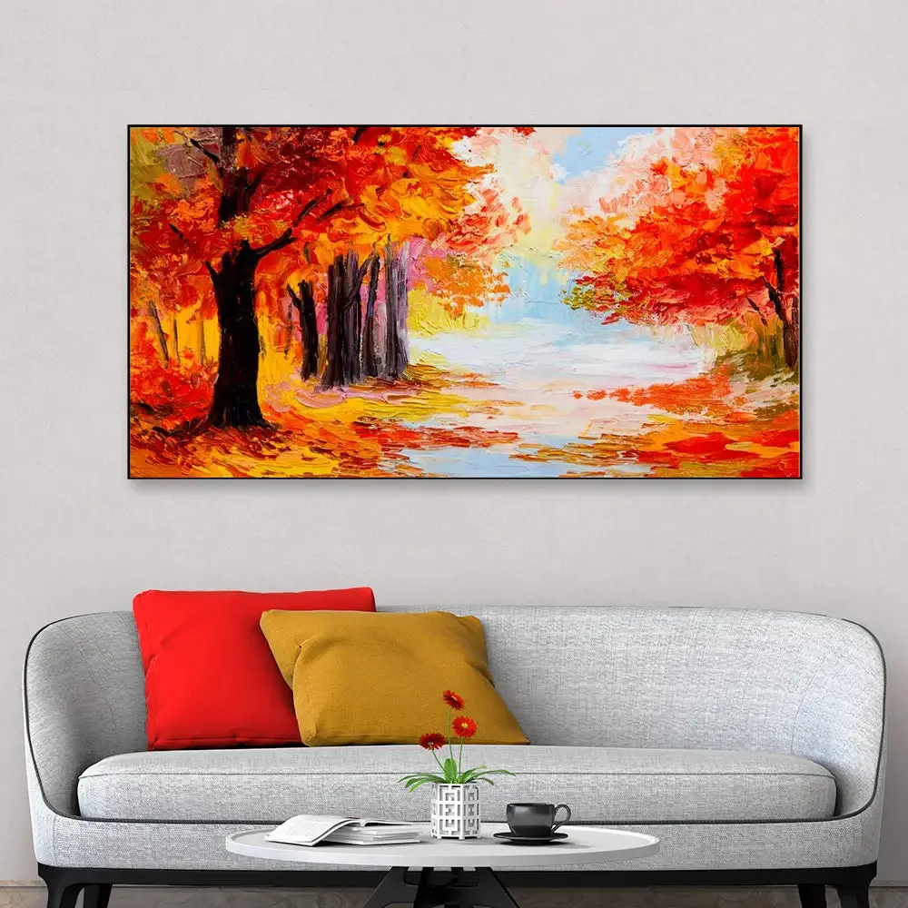 Big Panoramic Landscape Colorful Autumn Forest Abstract Scenery Canvas Painting With Frame