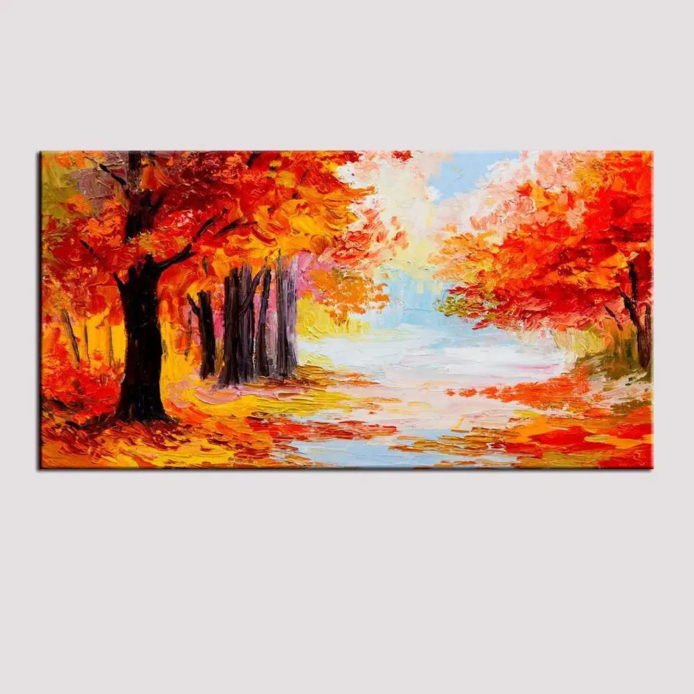 Big Panoramic Landscape Colorful Autumn Forest Abstract Scenery Canvas Painting With Frame