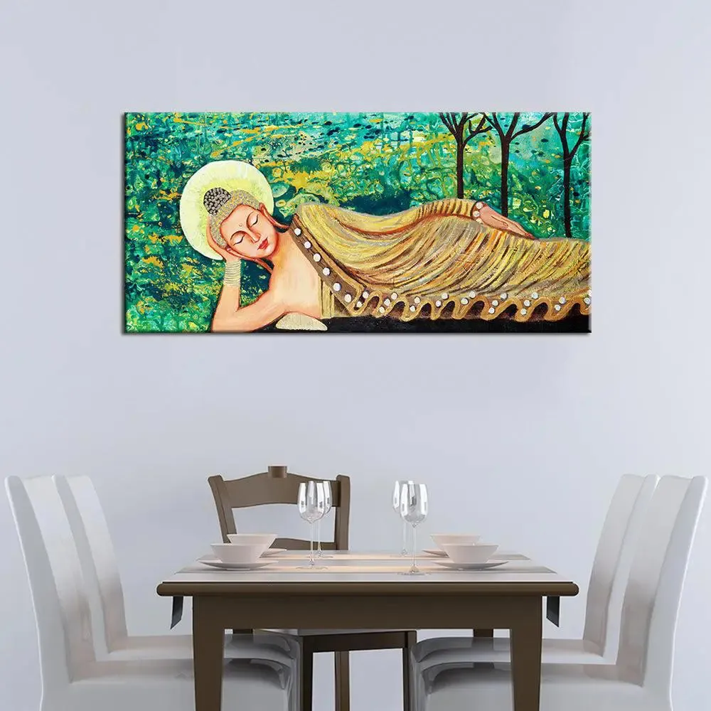 Big Panoramic Laying Peaceful Buddha Wall Painting, Canvas Wall Art With Frame