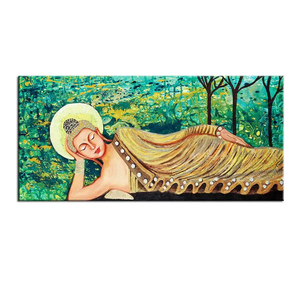 Big Panoramic Laying Peaceful Buddha Wall Painting, Canvas Wall Art With Frame