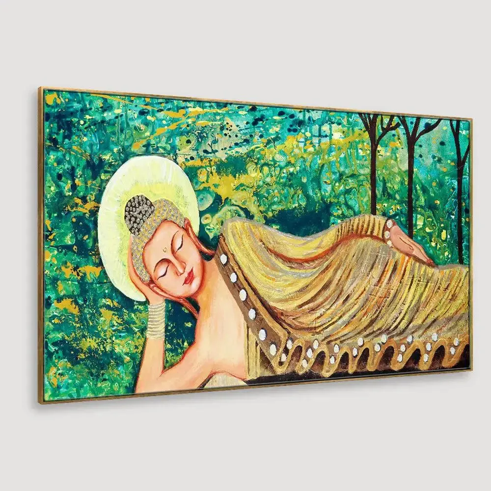 Big Panoramic Laying Peaceful Buddha Wall Painting, Canvas Wall Art With Frame