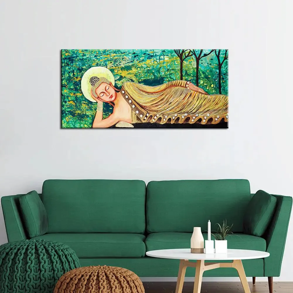 Big Panoramic Laying Peaceful Buddha Wall Painting, Canvas Wall Art With Frame