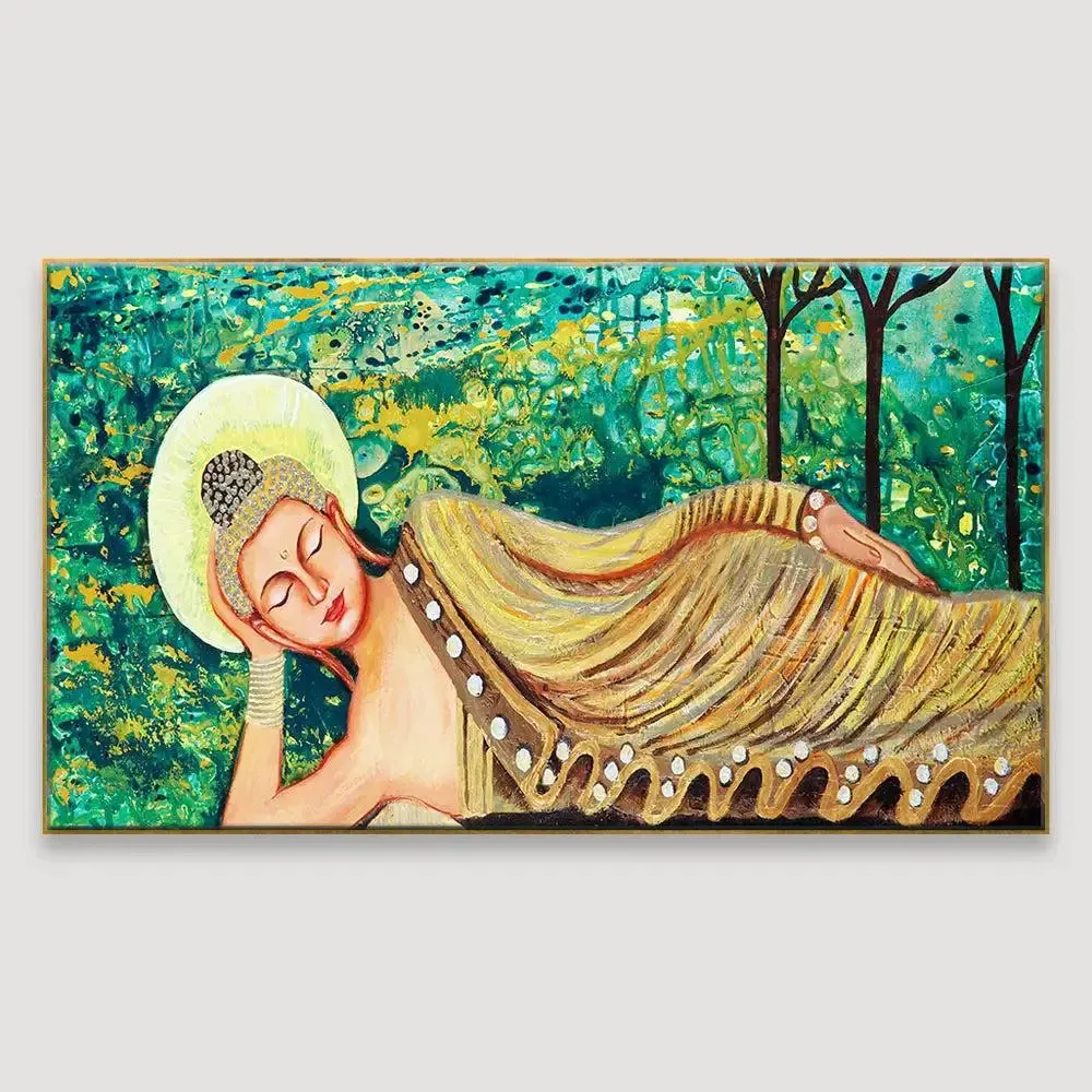 Big Panoramic Laying Peaceful Buddha Wall Painting, Canvas Wall Art With Frame