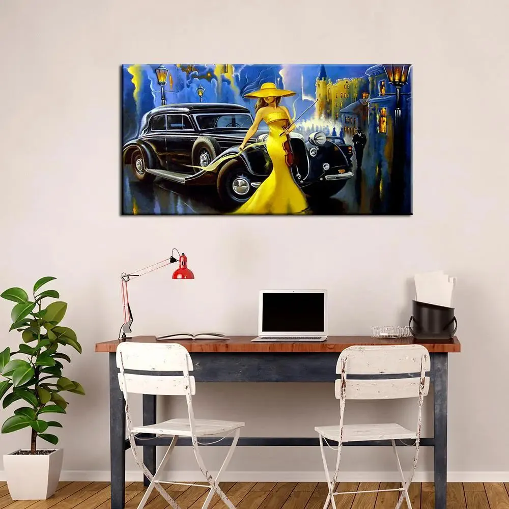 Big Panoramic Mad Masters Car and Girl, Old City Canvas Painting With Frame