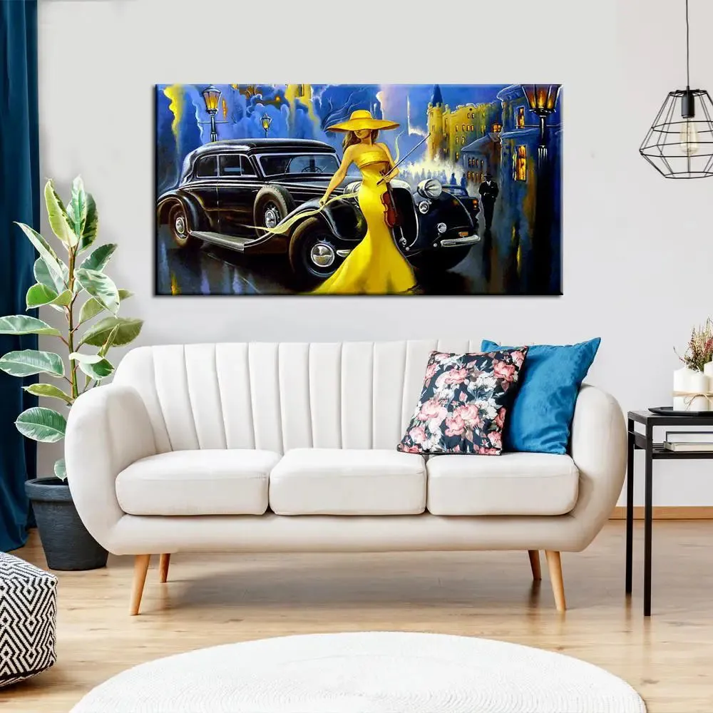 Big Panoramic Mad Masters Car and Girl, Old City Canvas Painting With Frame