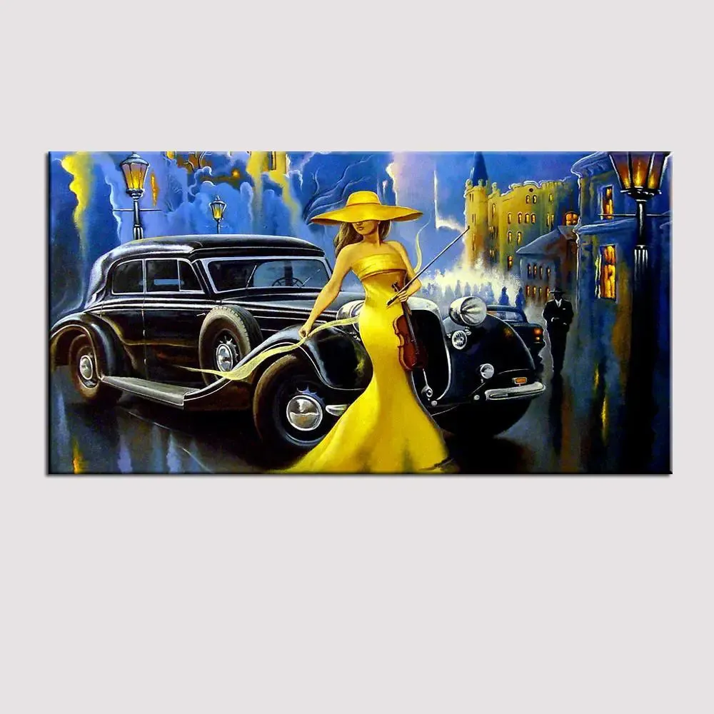 Big Panoramic Mad Masters Car and Girl, Old City Canvas Painting With Frame
