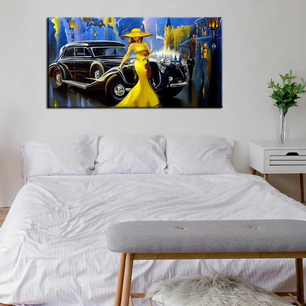 Big Panoramic Mad Masters Car and Girl, Old City Canvas Painting With Frame