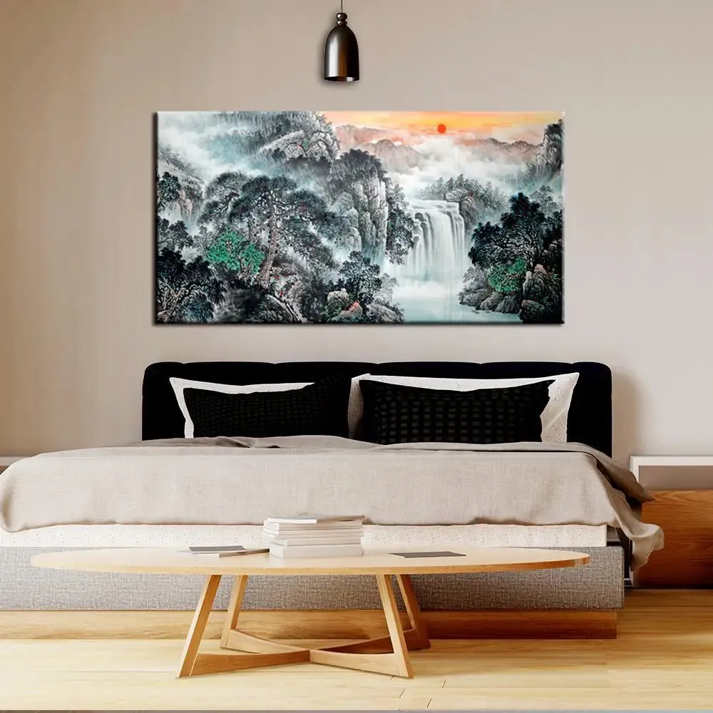 Big Panoramic Mountain And River Natural Beautiful Scenery Canvas Painting With Frame