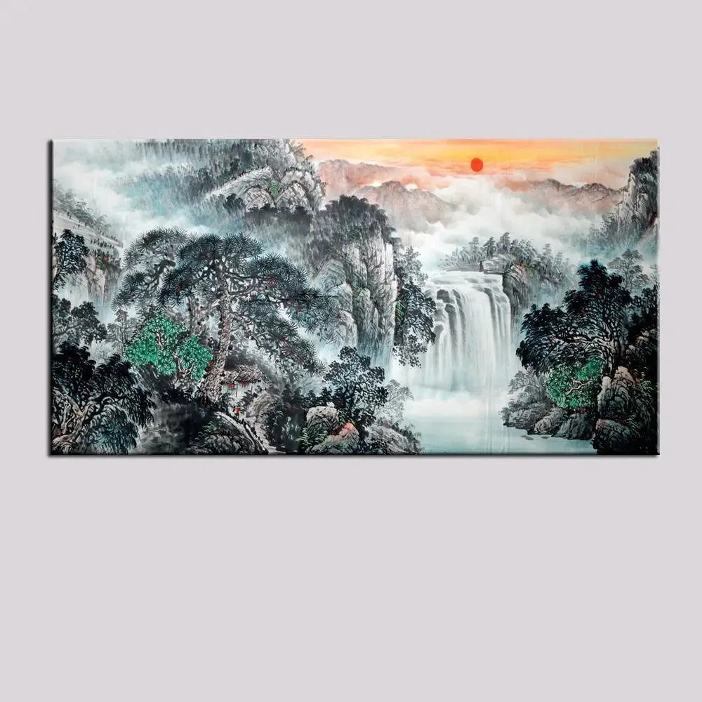 Big Panoramic Mountain And River Natural Beautiful Scenery Canvas Painting With Frame